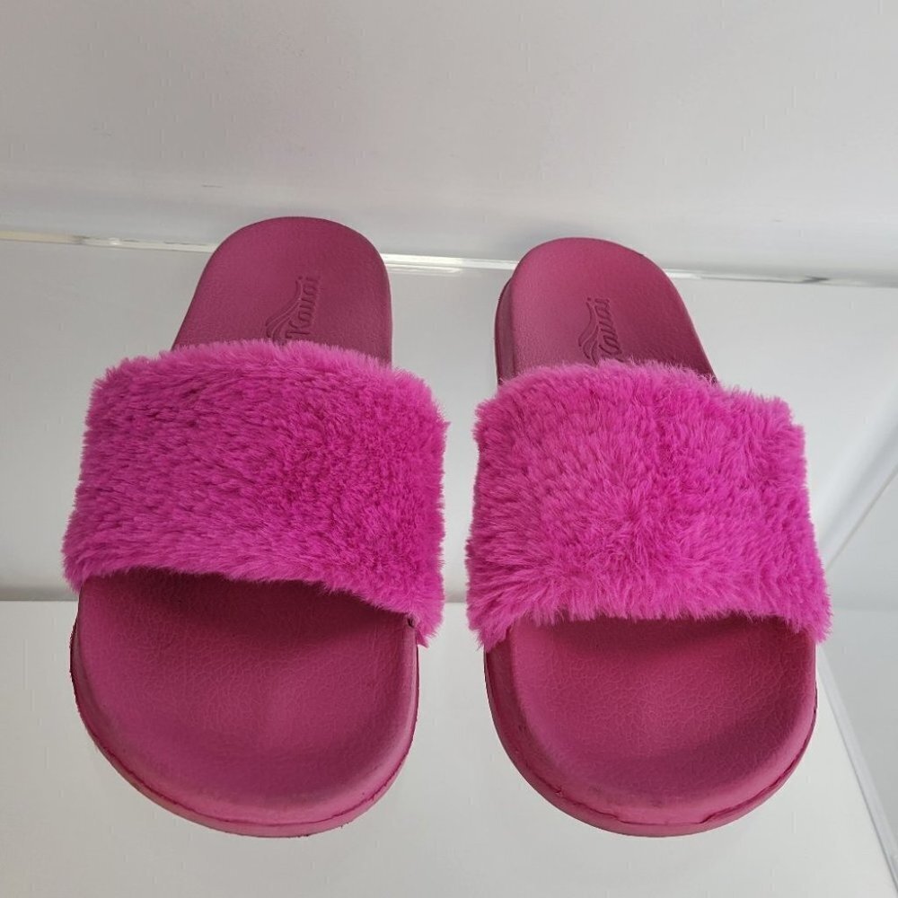 Faux Fur Slide Sandals - Hot Pink